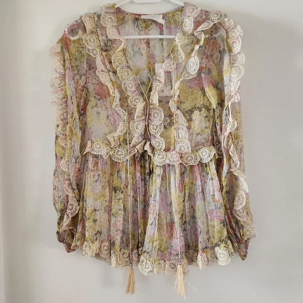 RARE! Zimmermann Valour Scallop Ruffle Blouse Floral Size AU 1 B81 - Picture 2 of 11